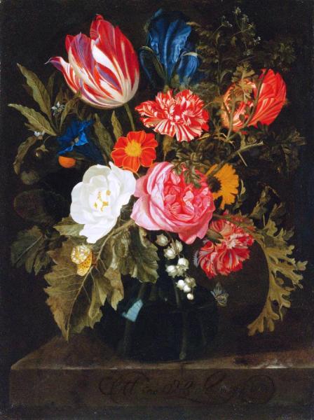 Still Life Of Roses, Carnations, A Tulip And Other Flowers In A Glass Vase by Maria Van Oosterwijck
