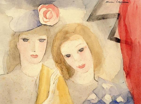 Two Blond Women With Red Curtain by Marie Laurencin