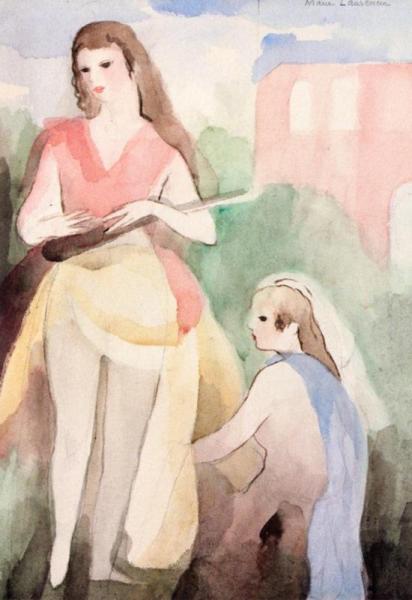 Two Young Women In Front Of A Pink House by Marie Laurencin