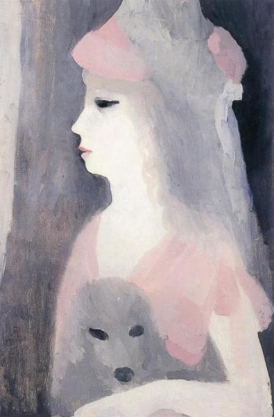 Woman In Profile In A Bonnet With Her Dog In Her Arms by Marie Laurencin
