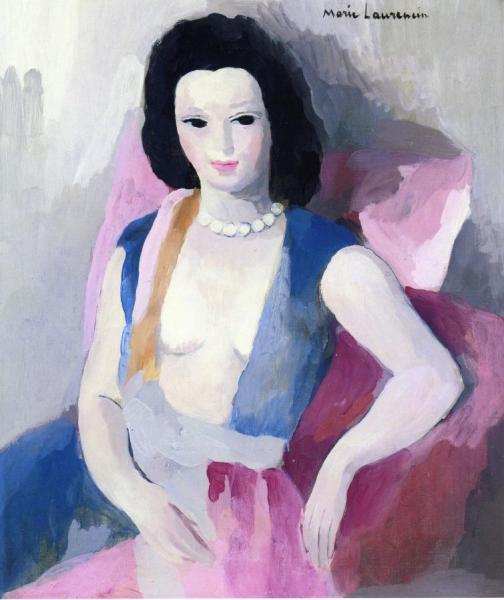 Woman With Exposed Bust Wearing A Pearl Necklace by Marie Laurencin