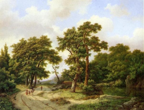 A Wooded Landscape With Travelers And A Horseman Conversing On A Track Along A Pond by Marinus Adrianus Koekkoek Oil Painting Reproductions