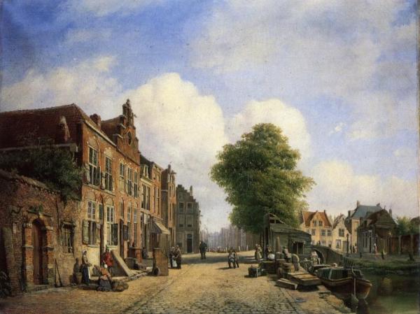 A View In A Town With Townsfolk On A Street Along A Canal by Marinus Van Raden