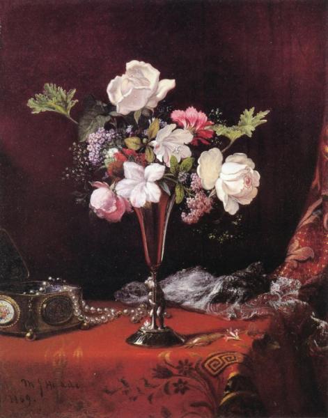Mixed Flowers With A Box And Pearls by Martin Johnson Heade