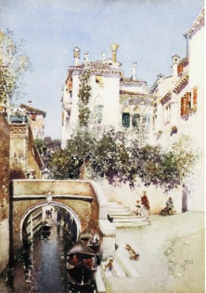 Ladies In A Flowering Courtyard Near A Canal, Venice by Martin Rico