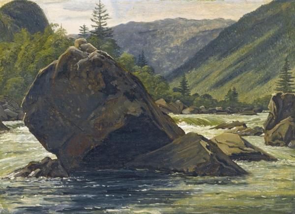 Martinus Rorbye A Jutting Rock In The Rapids (fos Med Fremragende Klippestykke)