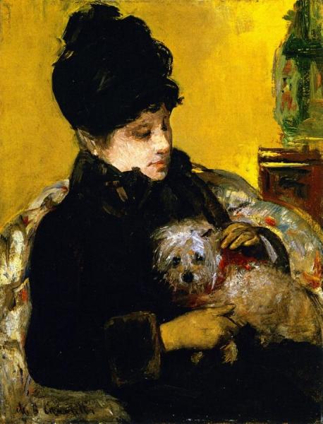 A Visitor In Hat And Coat Holding A Maltese Dog by Mary Cassatt