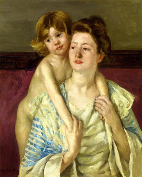 Antoinette Holding Her Child By Both Hands by Mary Cassatt