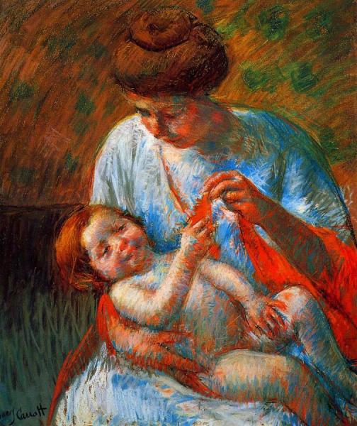 Baby Lying On His Mother's Lap, Reaching To Hold A Scarf by Mary Cassatt