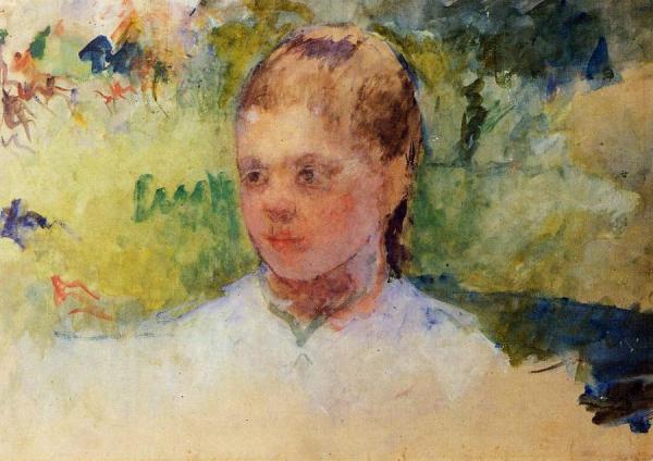 Girl's Head - Green Background by Mary Cassatt