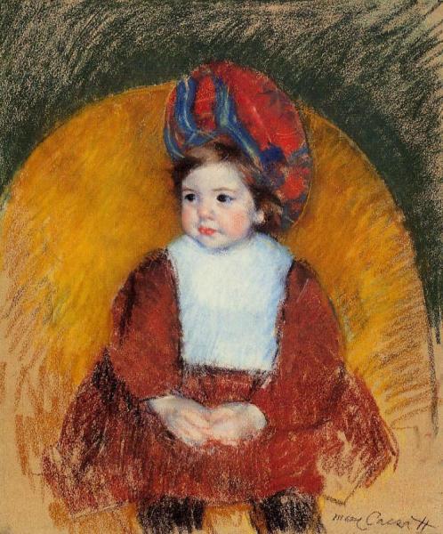 Margot In A Dark Red Costume Seated On A Round Backed Chair by Mary Cassatt