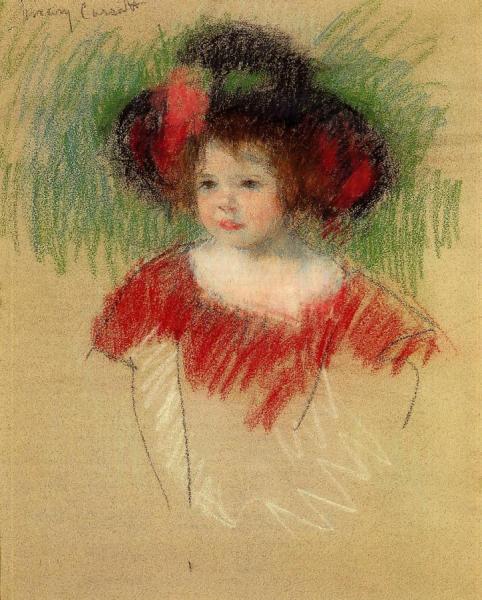 Margot In Big Bonnet And Red Dress by Mary Cassatt Oil Painting Reproductions
