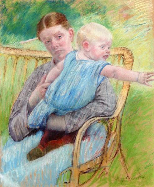 Mathilde Holding A Baby Who Reaches Out To The Right by Mary Cassatt