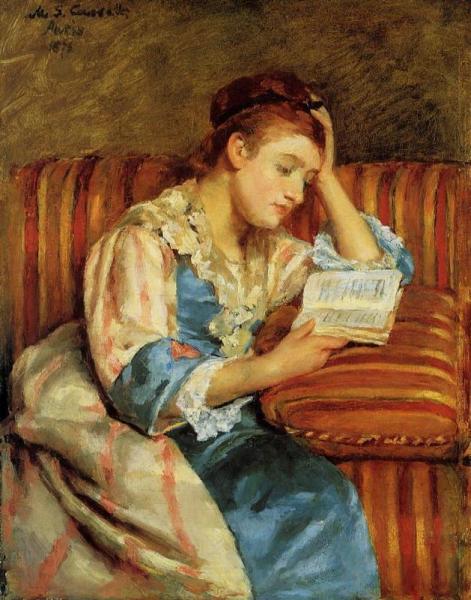 Mrs. Duffee Seated On A Striped Sofa, Reading by Mary Cassatt