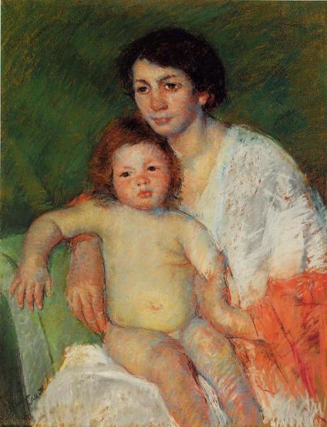 Nude Baby On Mother's Lap Resting Her Arm On The Back Of The Chair by Mary Cassatt