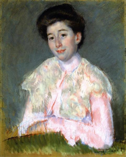 Portrait Of A Smiling Woman In A Pink Blouse by Mary Cassatt