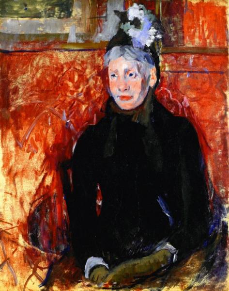 Portrait Of An Elderly Lady In A Bonnet: Red Background by Mary Cassatt