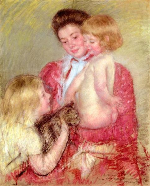 Reine Lefebvre With Blond Baby And Sara Holding A Cat by Mary Cassatt