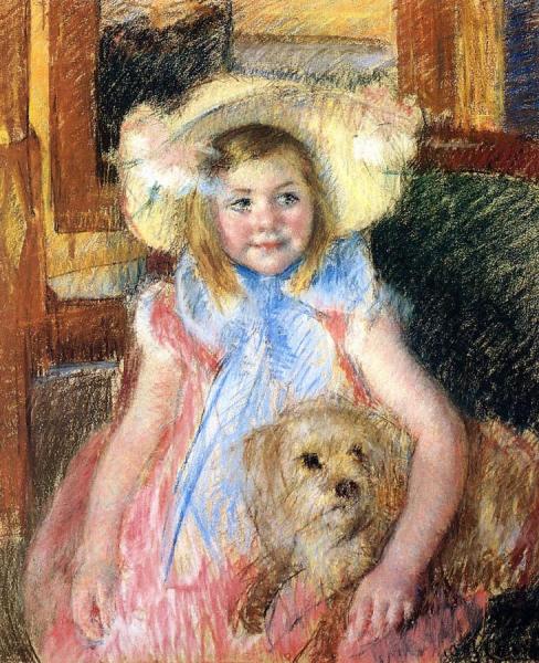 Sara In A Large Flowered Hat, Looking Right, Holding Her Dog by Mary Cassatt