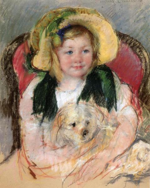 Sara With Her Dog, In An Armchair, Wearing A Bonnet With A Plum Ornament by Mary Cassatt