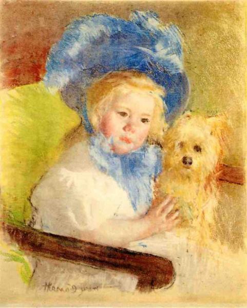 Simone In A Large Plumed Hat, Seated, Holding A Griffon Dog by Mary Cassatt