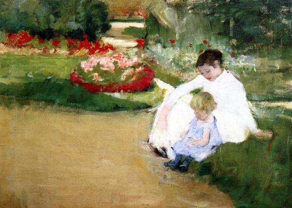 Woman And Child Seated In A Garden by Mary Cassatt