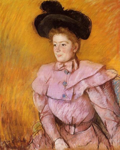 Woman In A Black Hat And A Raspberry Pink Costume by Mary Cassatt