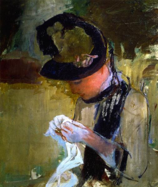Woman In Black And Green Bonnet, Sewing by Mary Cassatt