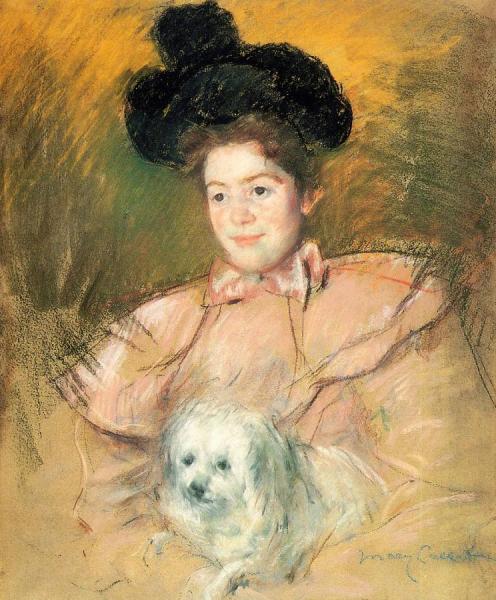 Woman In Raspberry Costume Holding A Dog by Mary Cassatt