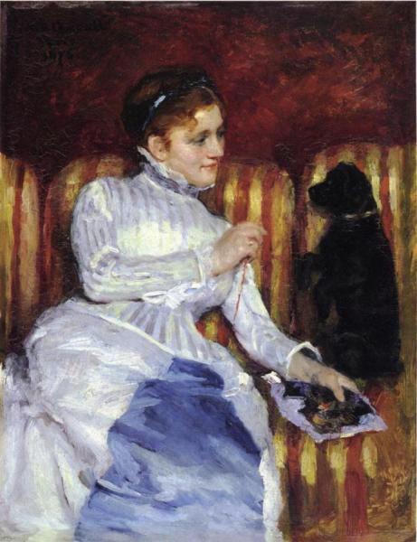 Woman On A Striped Sofa With A Dog by Mary Cassatt