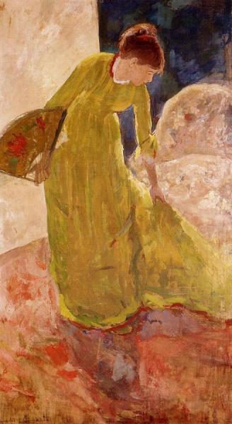 Woman Standing, Holding A Fan by Mary Cassatt
