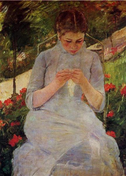 Young Woman Sewing In A Garden by Mary Cassatt