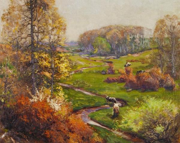 Spring Landscape With Meandering Stream And Cows by Mathias Joseph Alten