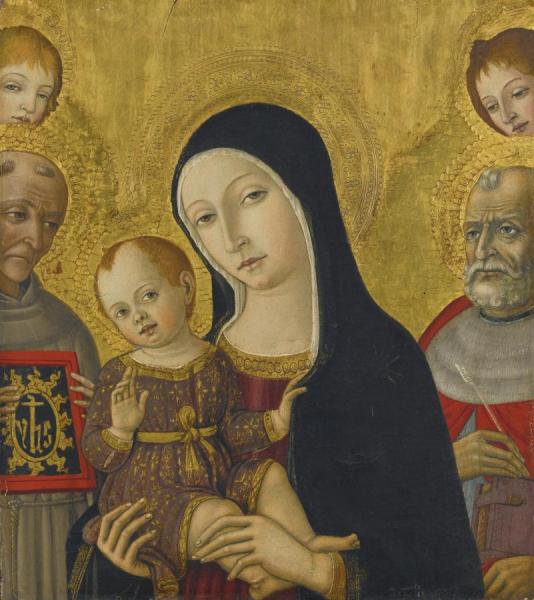 The Madonna And Child With Saints Bernardino Of Siena And Jerome, Behind Them Two Angels by Matteo Di Giovanni
