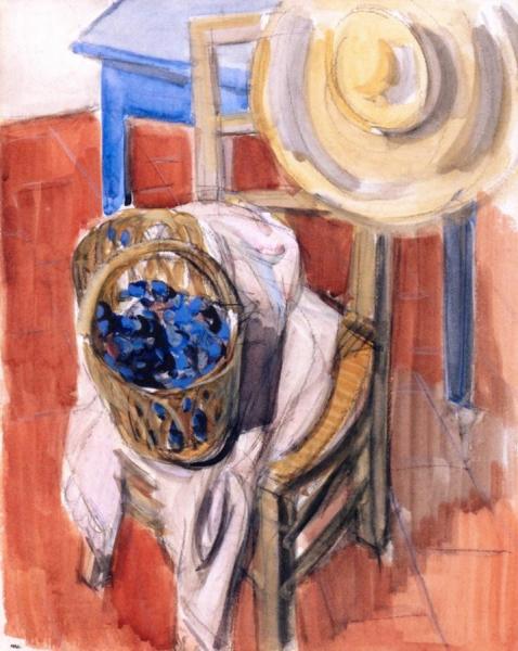 Maurice Barraud Interior With Straw Hat And Basket Of Grapes