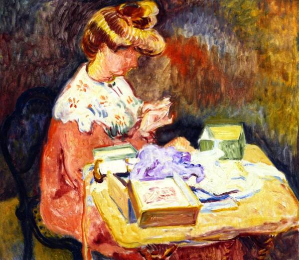 Madame Valtat Sewing by Maurice De Vlaminck