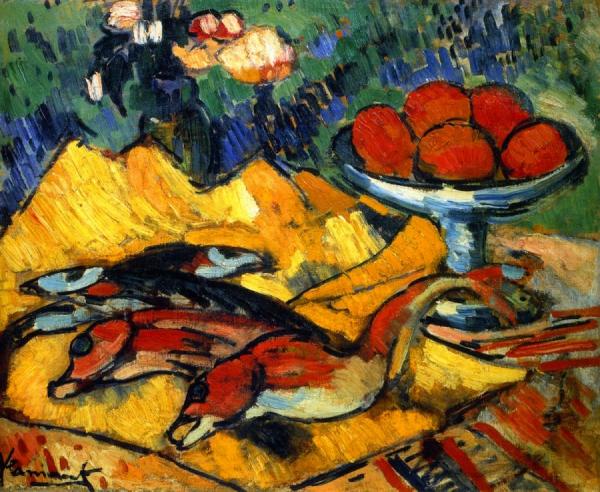 Still Life With Fish And Bowl Of Fruit by Maurice De Vlaminck
