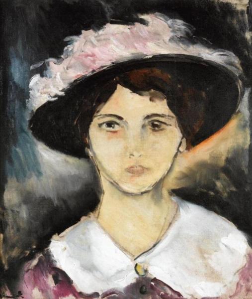 Woman In A Pink Hat by Maurice De Vlaminck