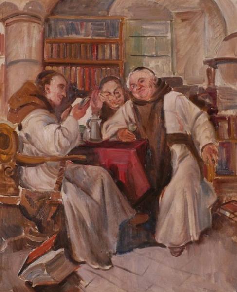 Three Monks Around A Table by Mauritz Drougge