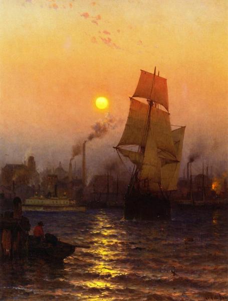Shipping In Harbor By Moonlight by Mauritz F. H. De Haas Oil Painting Reproductions