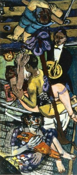 Acrobats, Triptych (left Panel) by Max Beckmann
