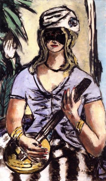 Girl With Banjo And Mask by Max Beckmann
