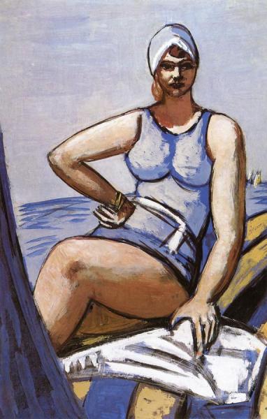 Quappi In Blue In A Boat by Max Beckmann