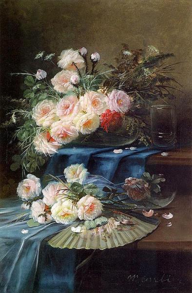 Flowers, Fan And A Glass On A Draped Table by Max Carlier