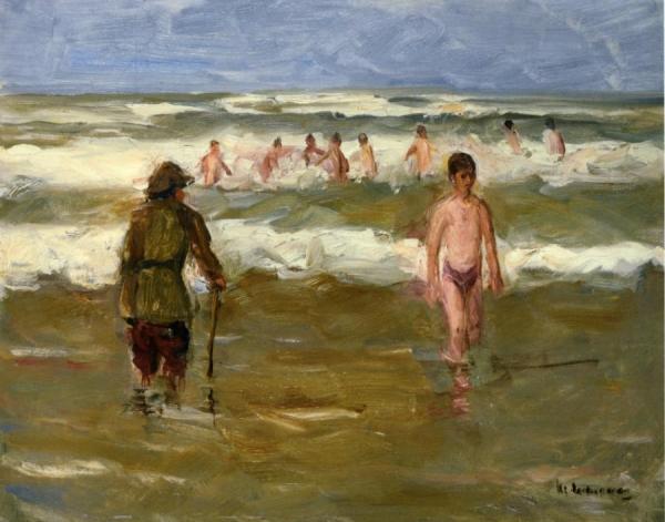Boys Bathing With Beach Warden by Max Liebermann