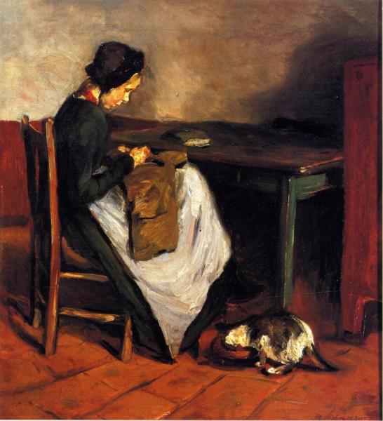 Girl Sewing With Cat - Dutch Interior by Max Liebermann