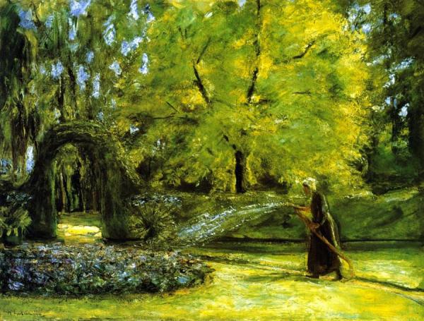 The Circular Bed In The Hedge Garden With A Woman Watering Flowers by Max Liebermann