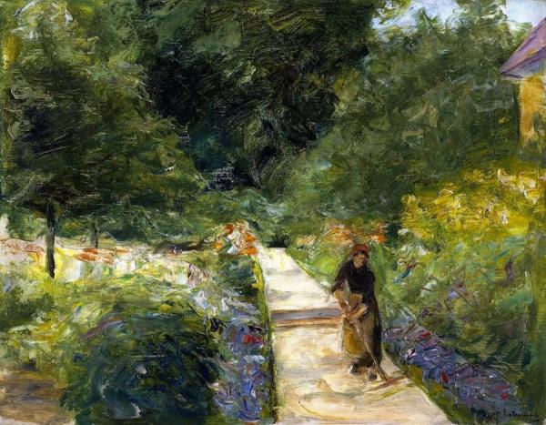 The Cutting Garden In Wannsee Toward The West, With A Woman Gardener On The Path by Max Liebermann