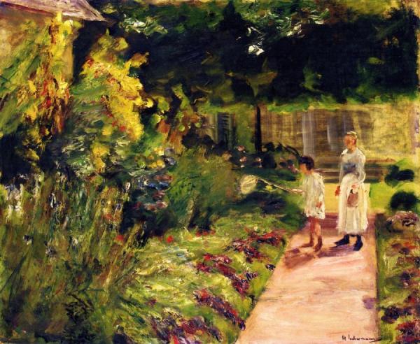 The Granddaughter Of The Artist With Her Nanny In The Kitchen Garden In Wannsee by Max Liebermann