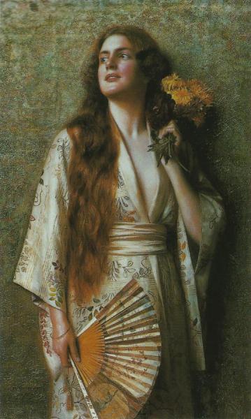 Max Nonnenbruch Frau Im Kimono Mit Fächer Und Blumen, 1900
